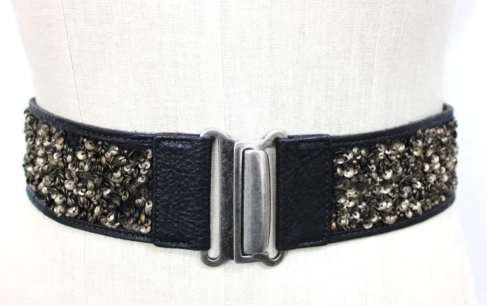 Vintage 80s Streets Ahead Size M Women's Belt Black Leather & Stretch Sequin